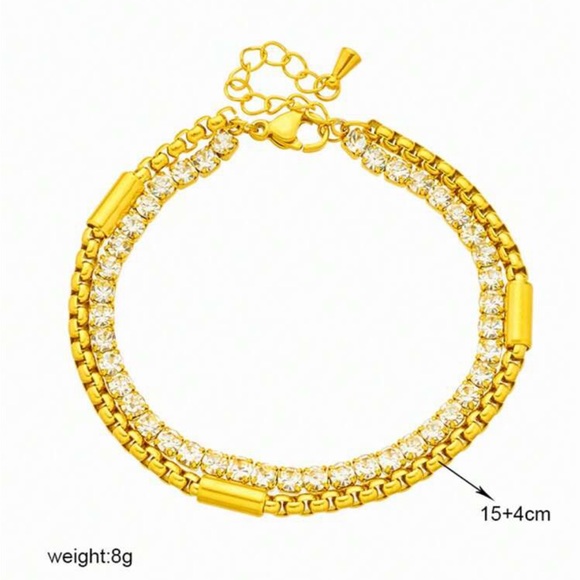 New 18K Gold Plated Double Layered Rhinestone Inlaid Box Chain Bracelet - Picture 5 of 5